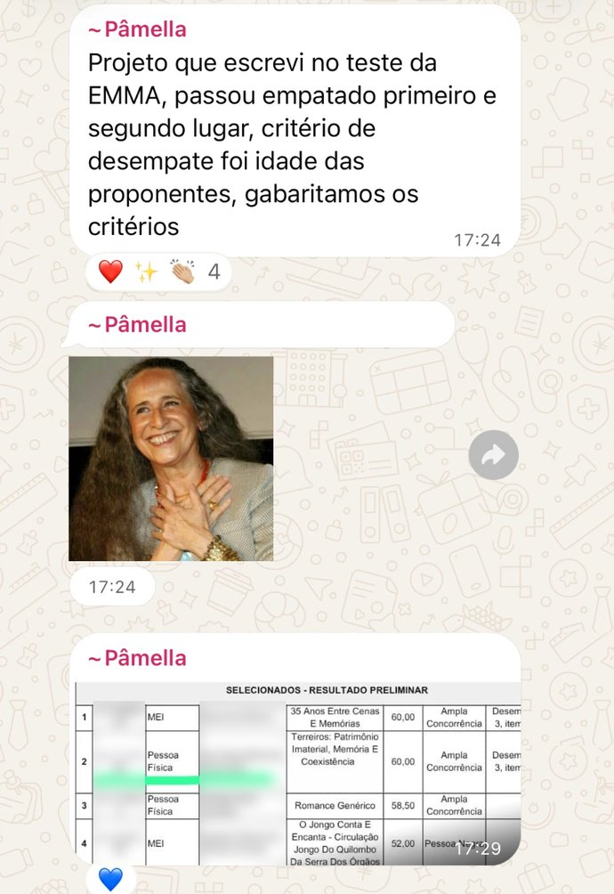 Mensagem de Pâmella no grupo do Clube Emma com o resultado preliminar da PNAB, projeto selecionado com nota 60